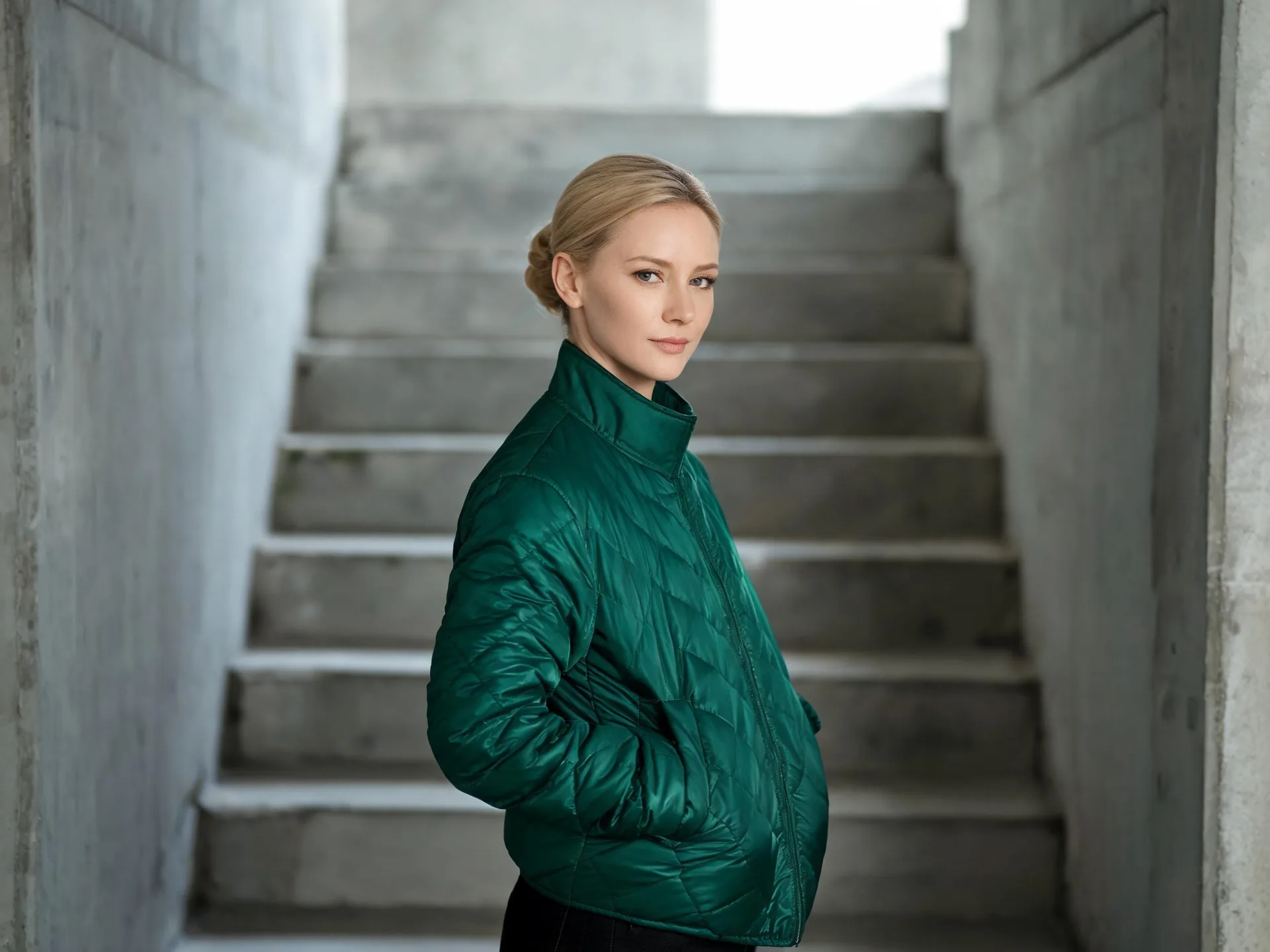A woman wears an emerald quilted jacket beside a concrete stairway.