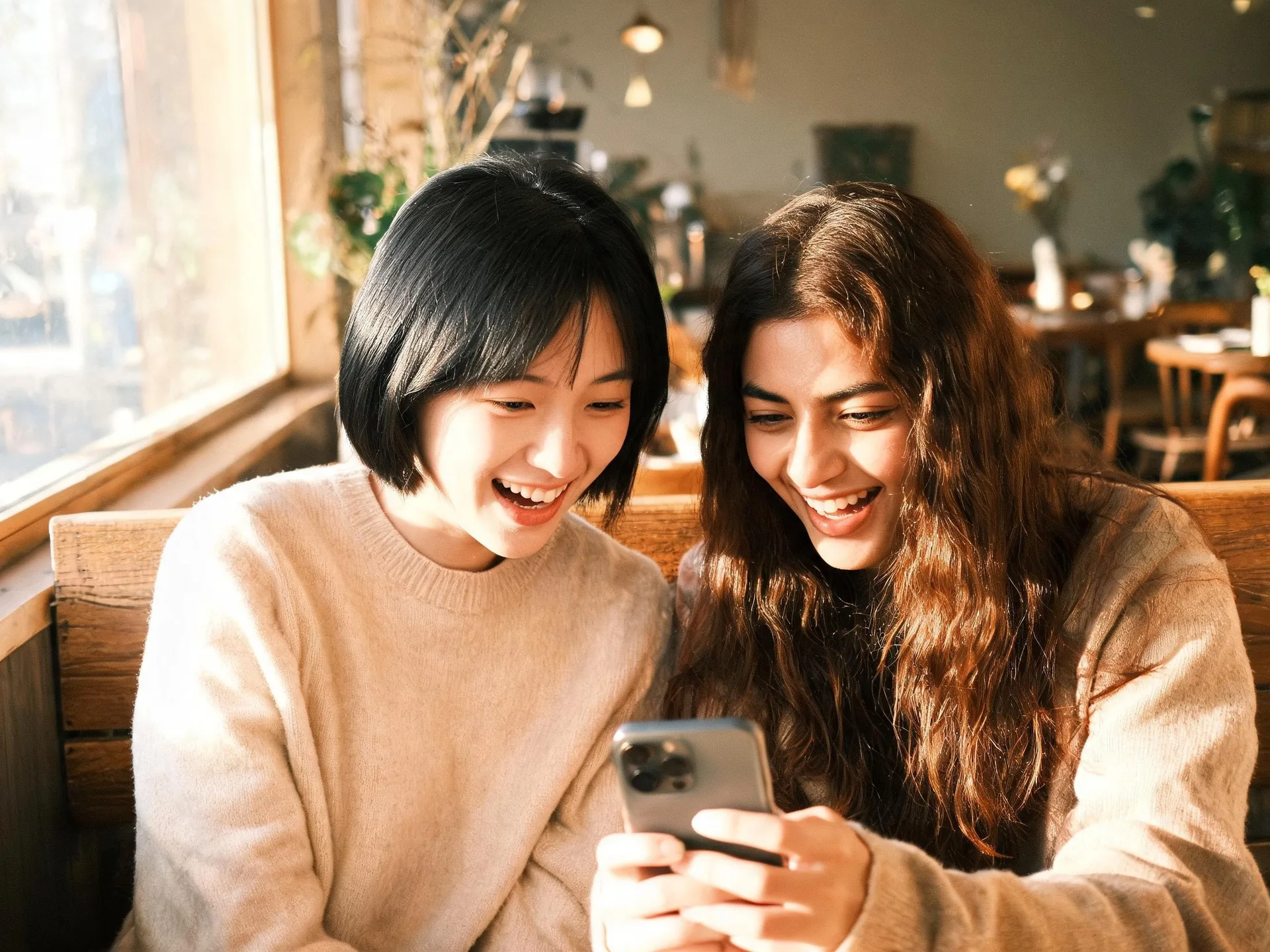 Two women sit together on a cafe bench looking at a phone.