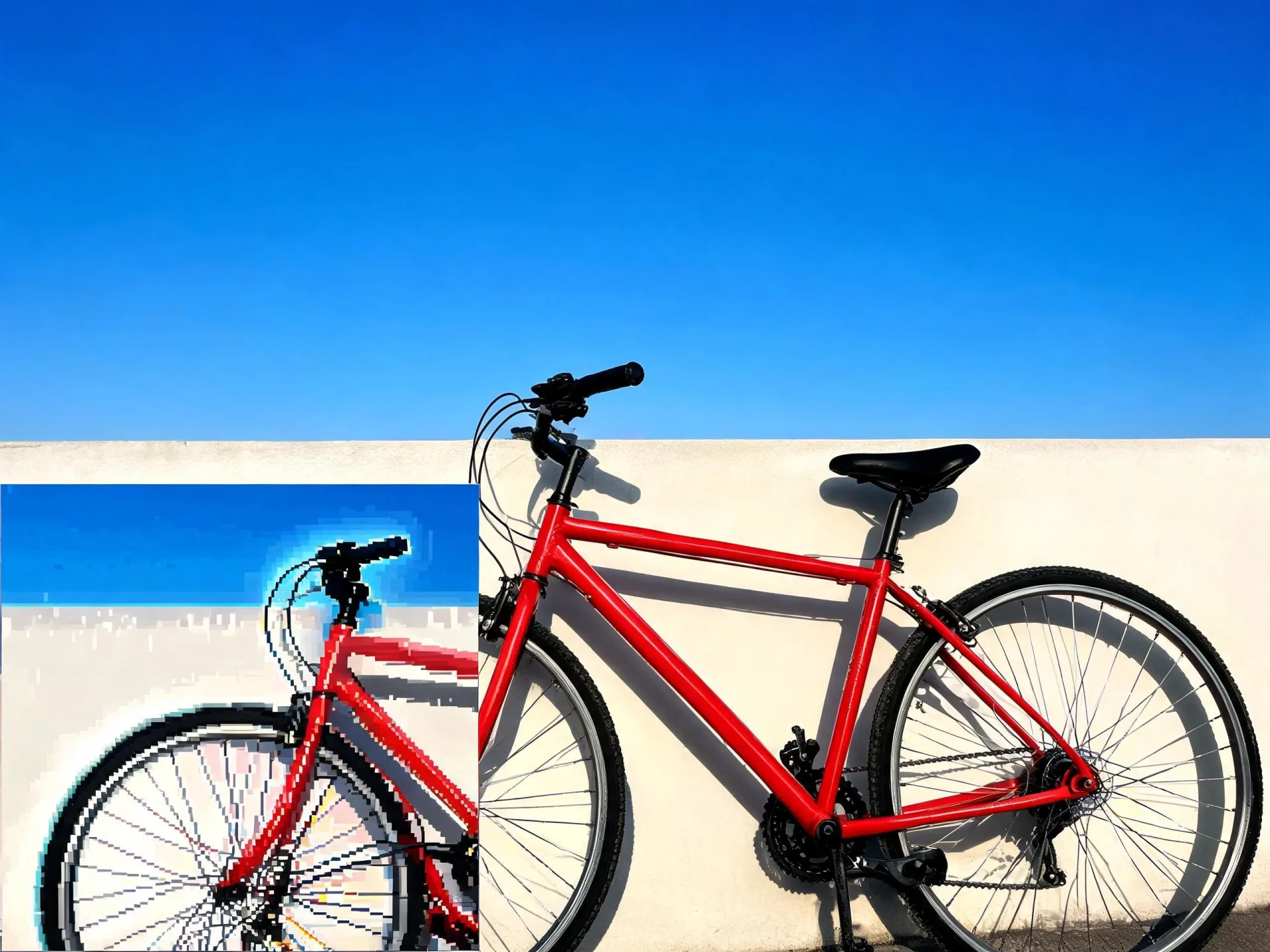 A red bicycle photo includes an inset showing pixelated detail.