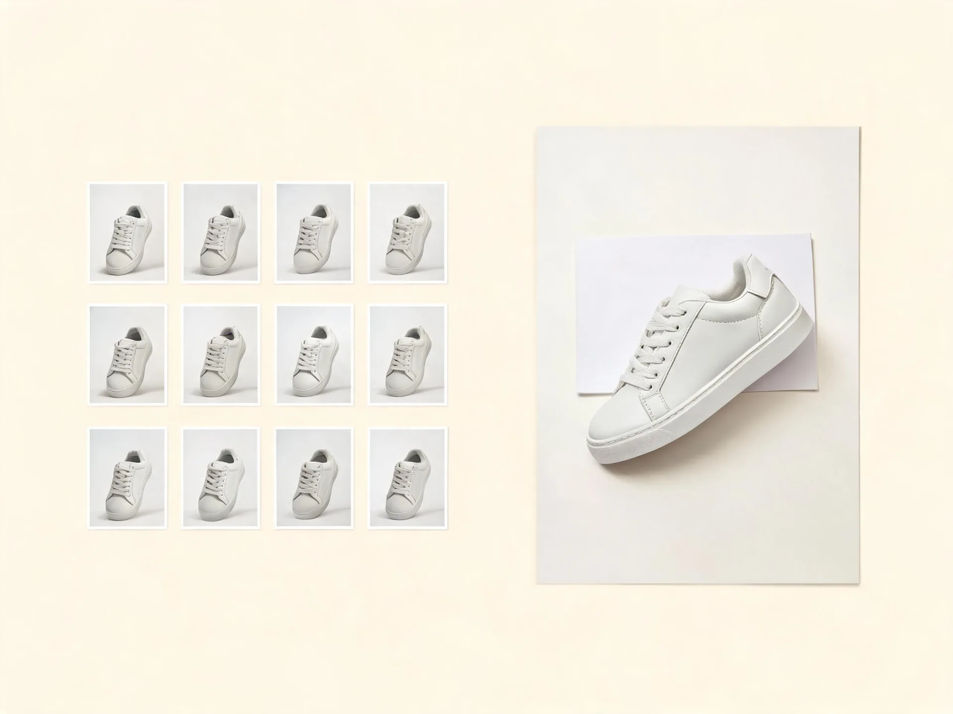 Small white-sneaker thumbnails appear beside a larger product image.