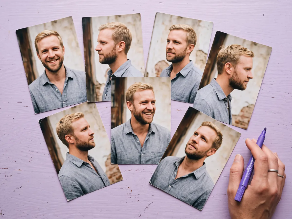 Printed character portraits compare a man from different angles and expressions.