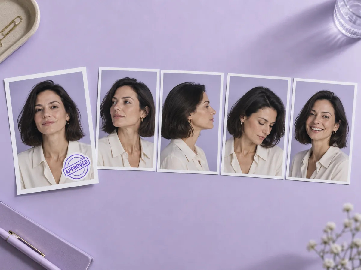 A row of approved portrait options compares head angles and expressions.