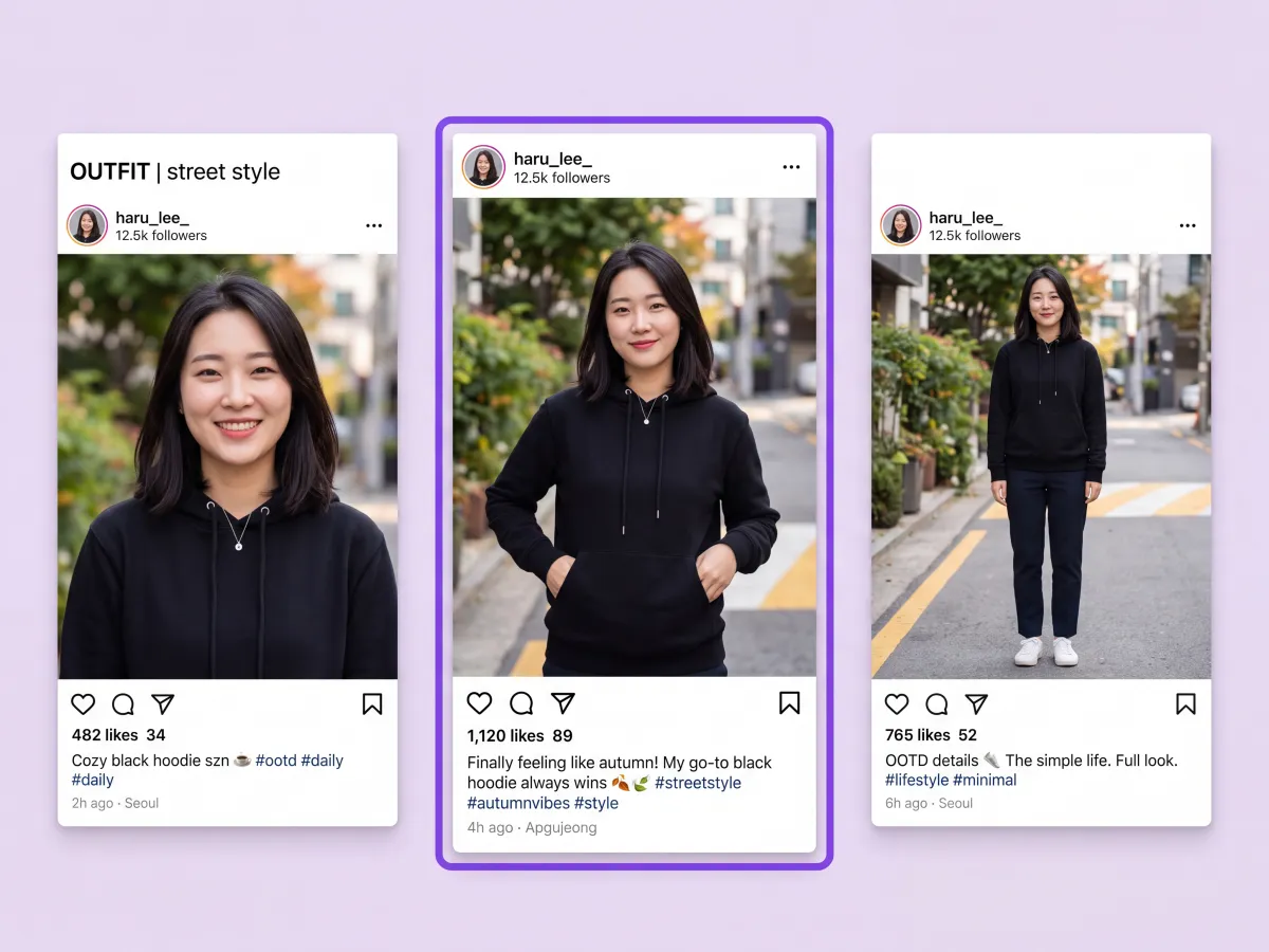 Three social-post mockups compare tight, medium, and full-length street portraits.