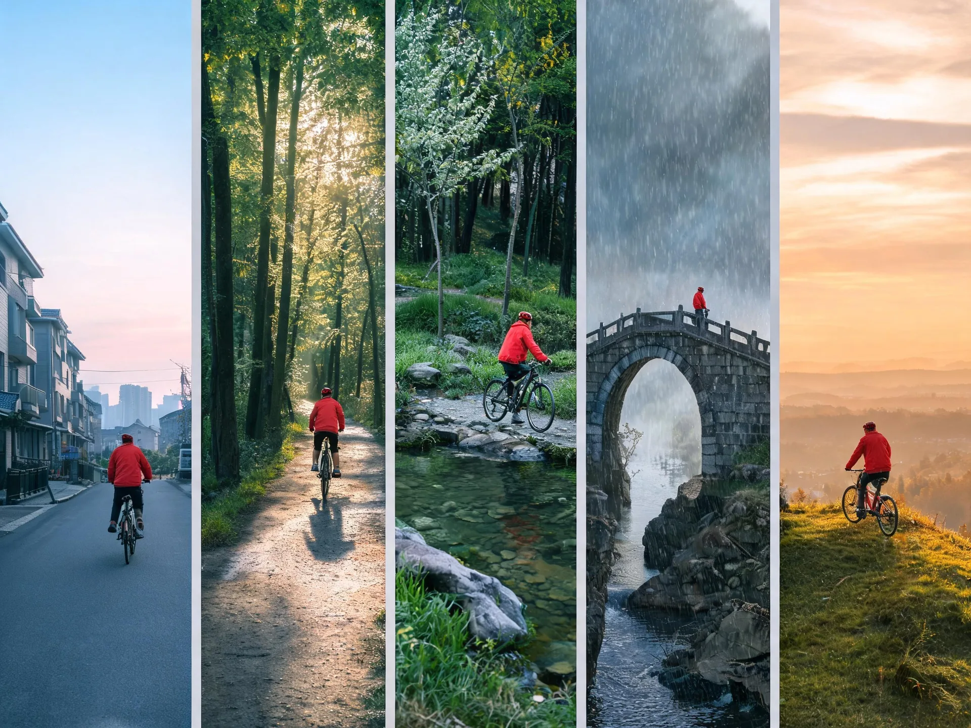 Five ordered scenes follow a cycling trip from city streets to sunset.