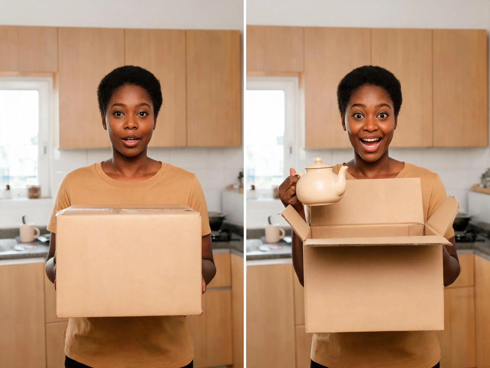 Two frames show a creator before and after opening a box containing a teapot.