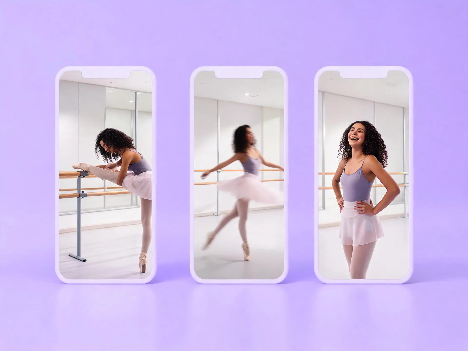 Three vertical frames show moments from a dance rehearsal.