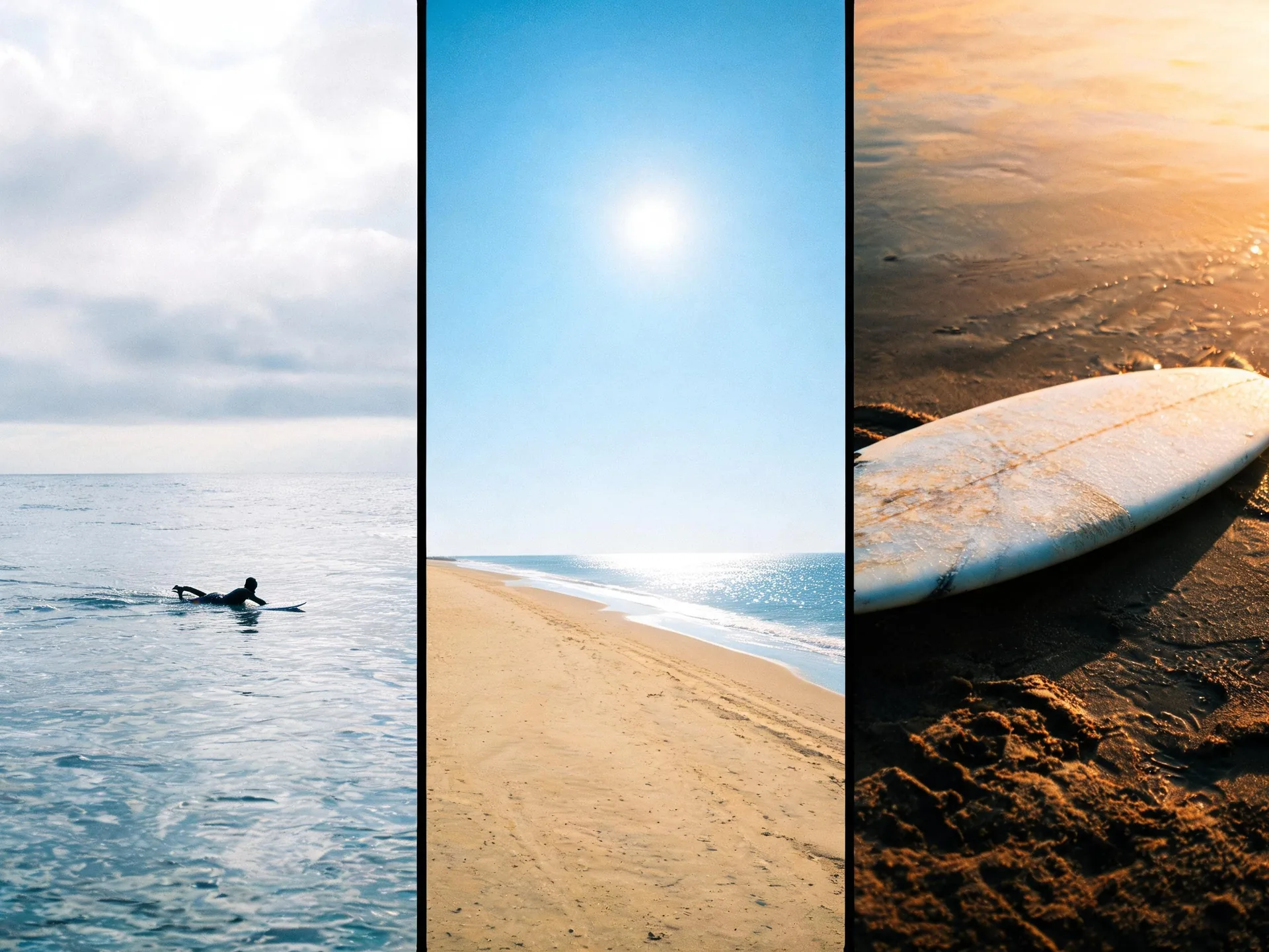 Three coastal moments form a storyboard with ocean, beach, and surfboard views.