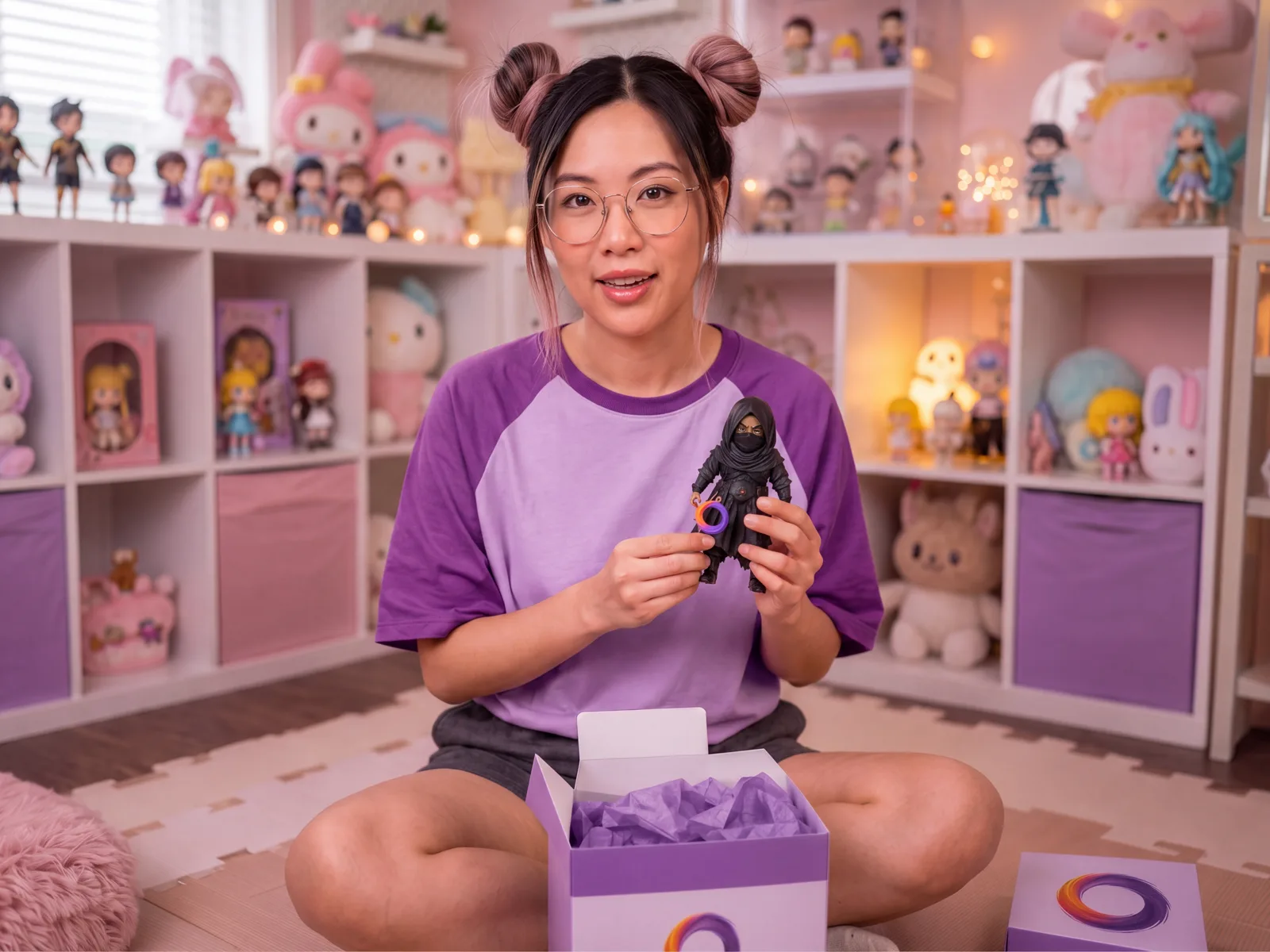 Reference scene of a person in a purple T-shirt unboxing a toy