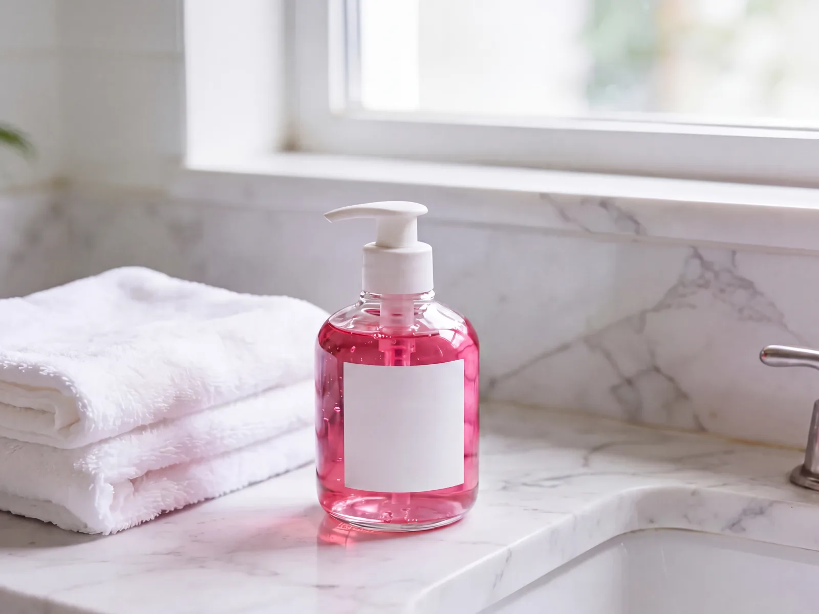 Reference image of a pink hand-soap product in a bathroom setting