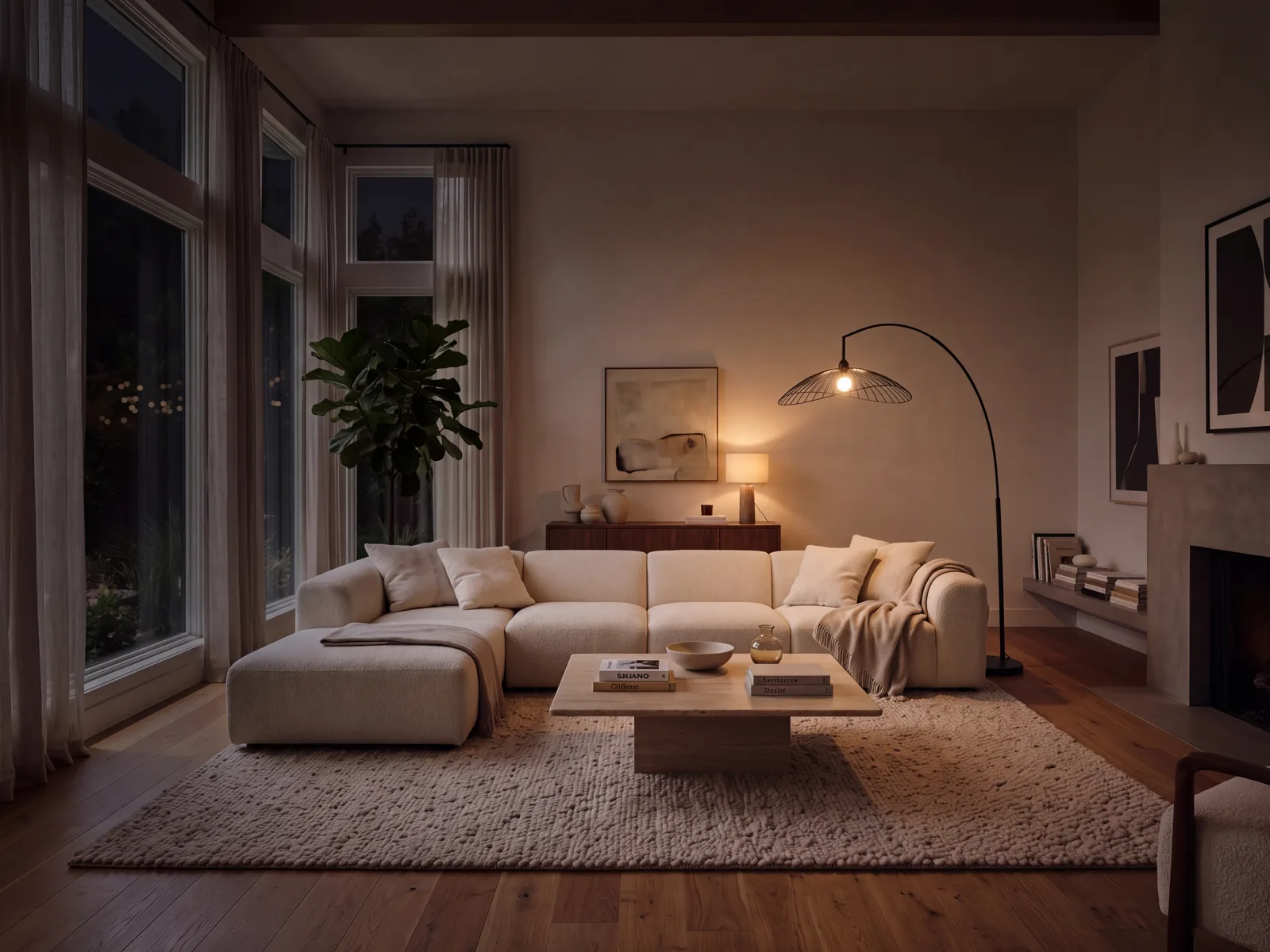 Reference image of a living room with warm lighting at night
