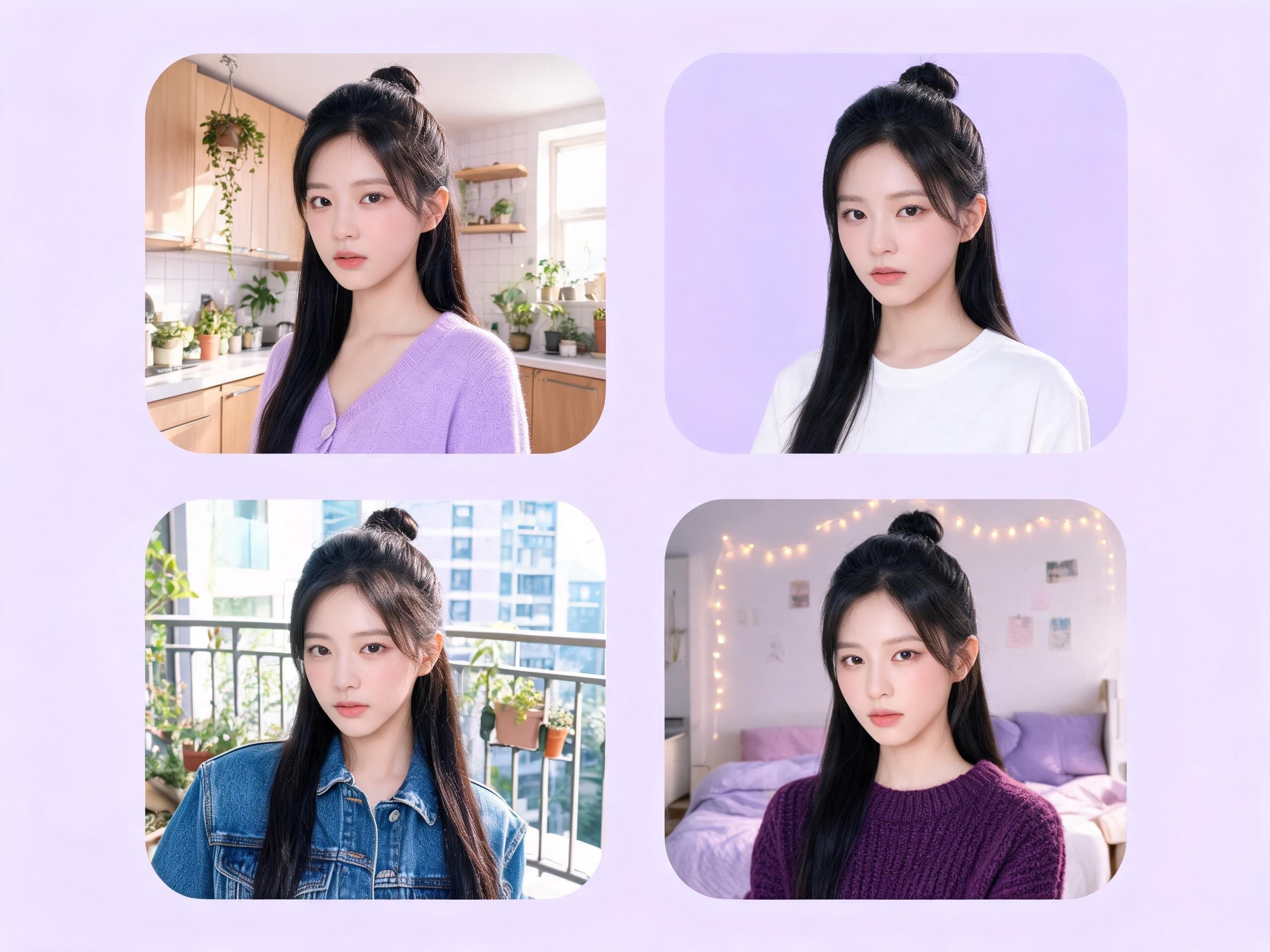 Reference collage showing a woman in four different outfits and settings