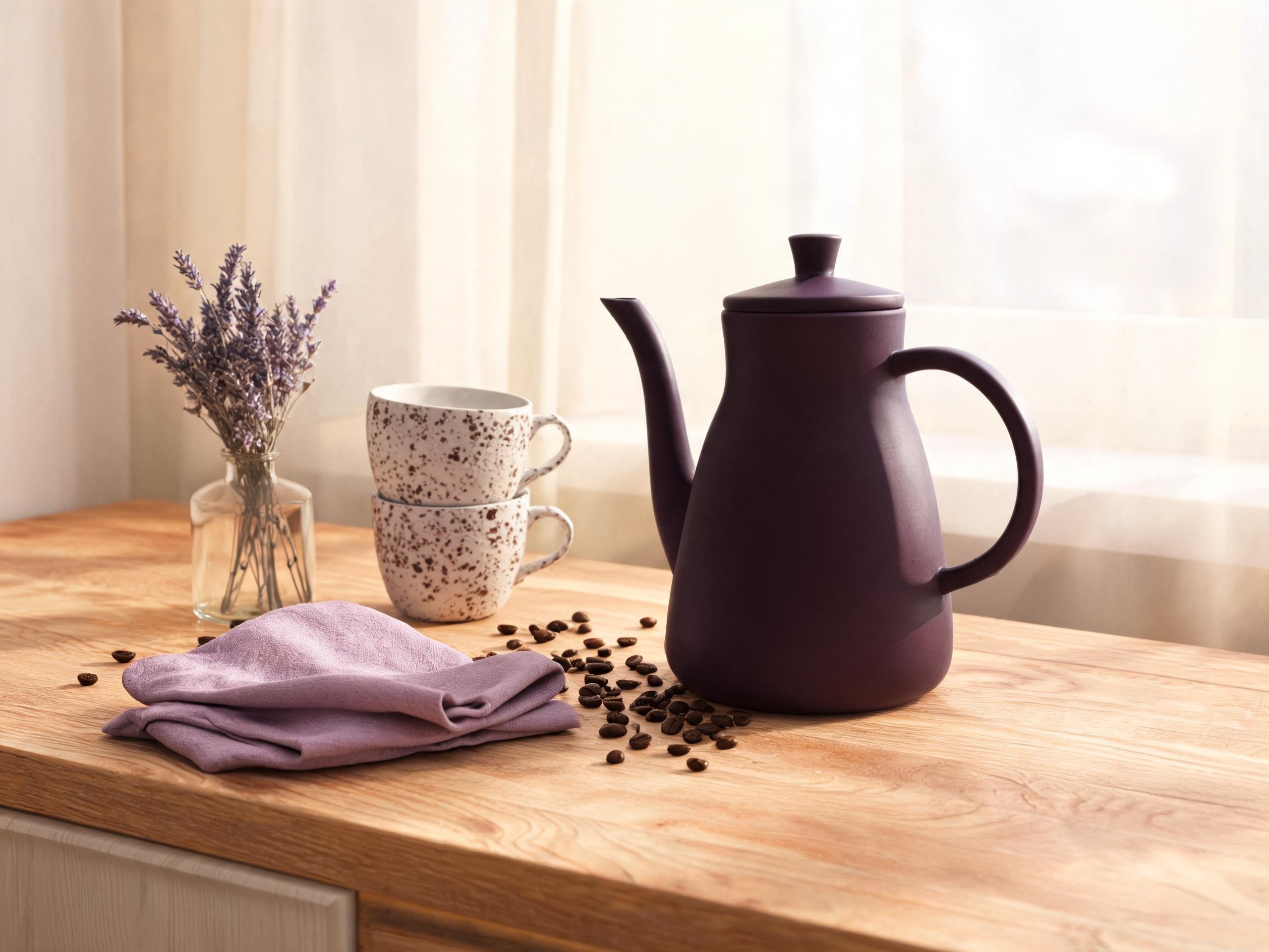 Reference image of a purple coffee pot in a kitchen still life
