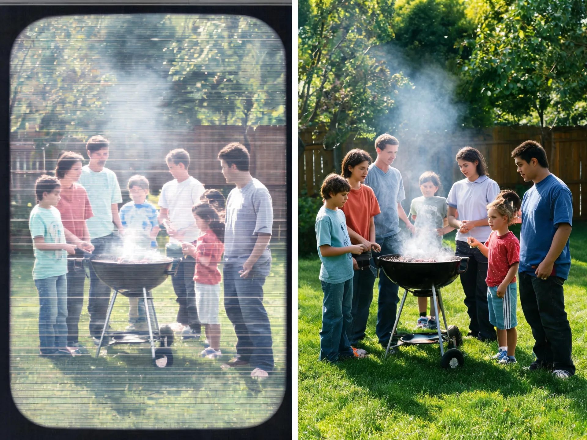 Two garden-barbecue frames compare an old camcorder treatment with a clearer image.