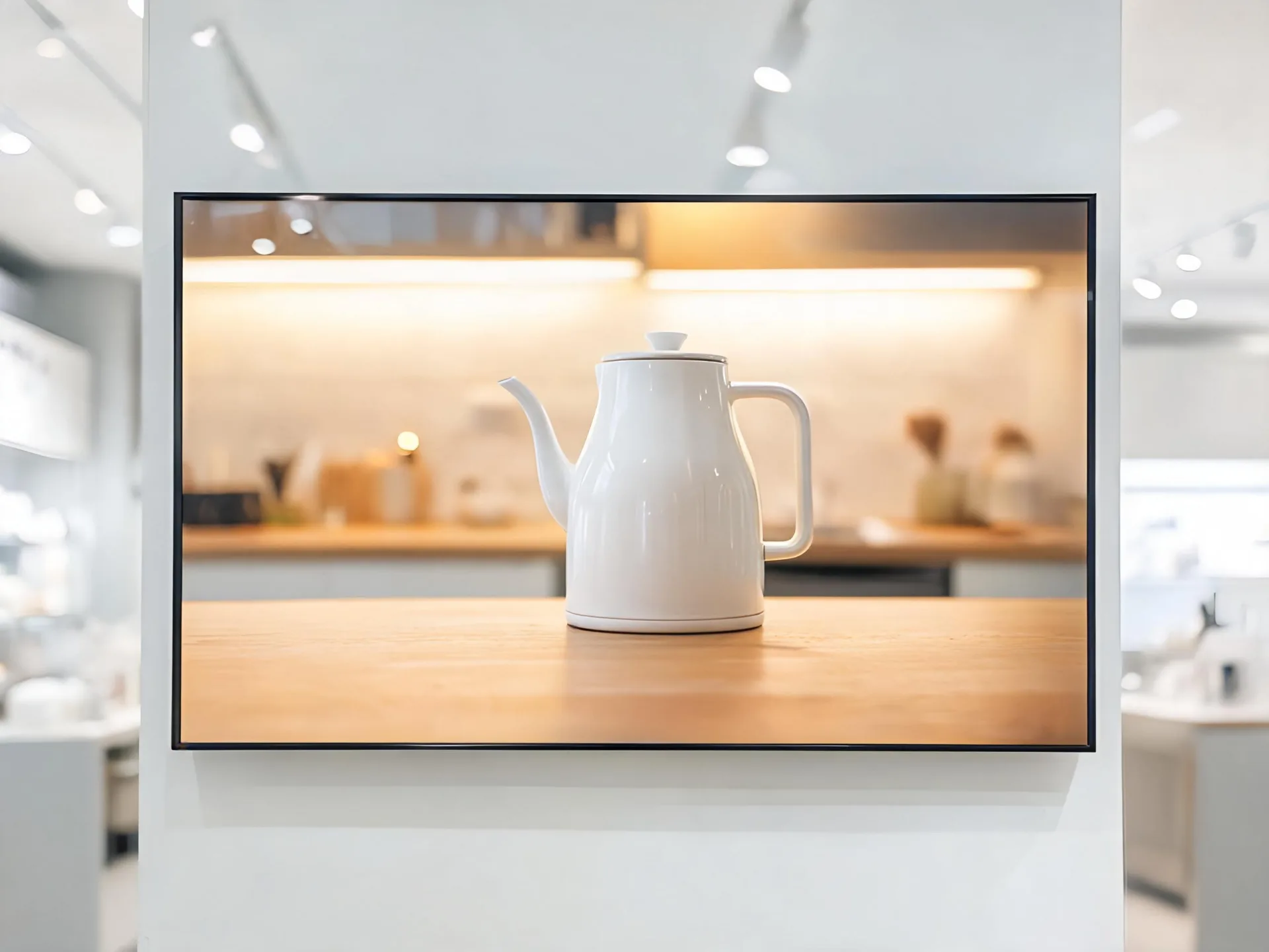 A white ceramic jug appears in a product clip displayed on a large wall screen.