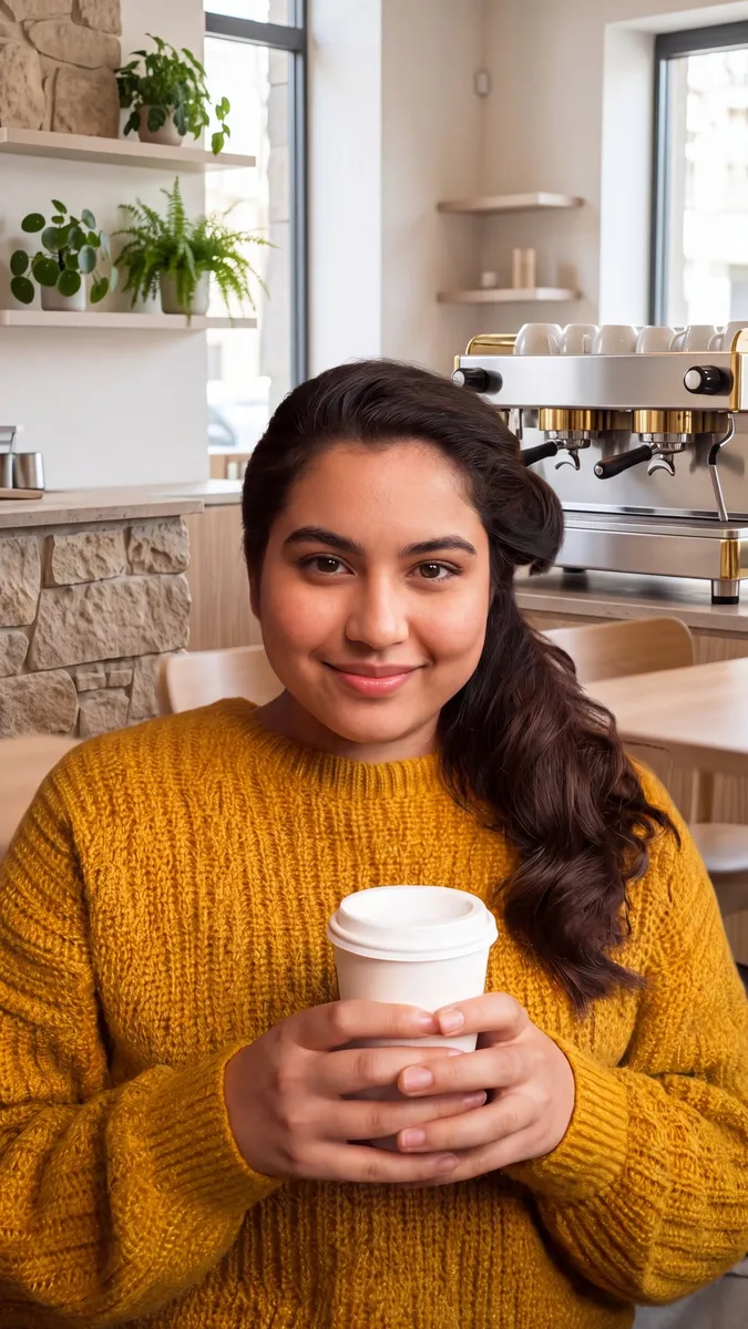 A woman in a mustard sweater holds a takeaway cup in a bright cafe.