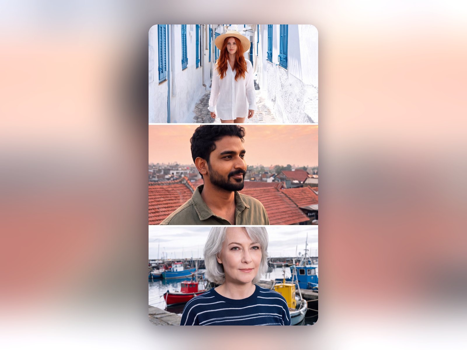 Three travel portraits are arranged in a vertical collage.