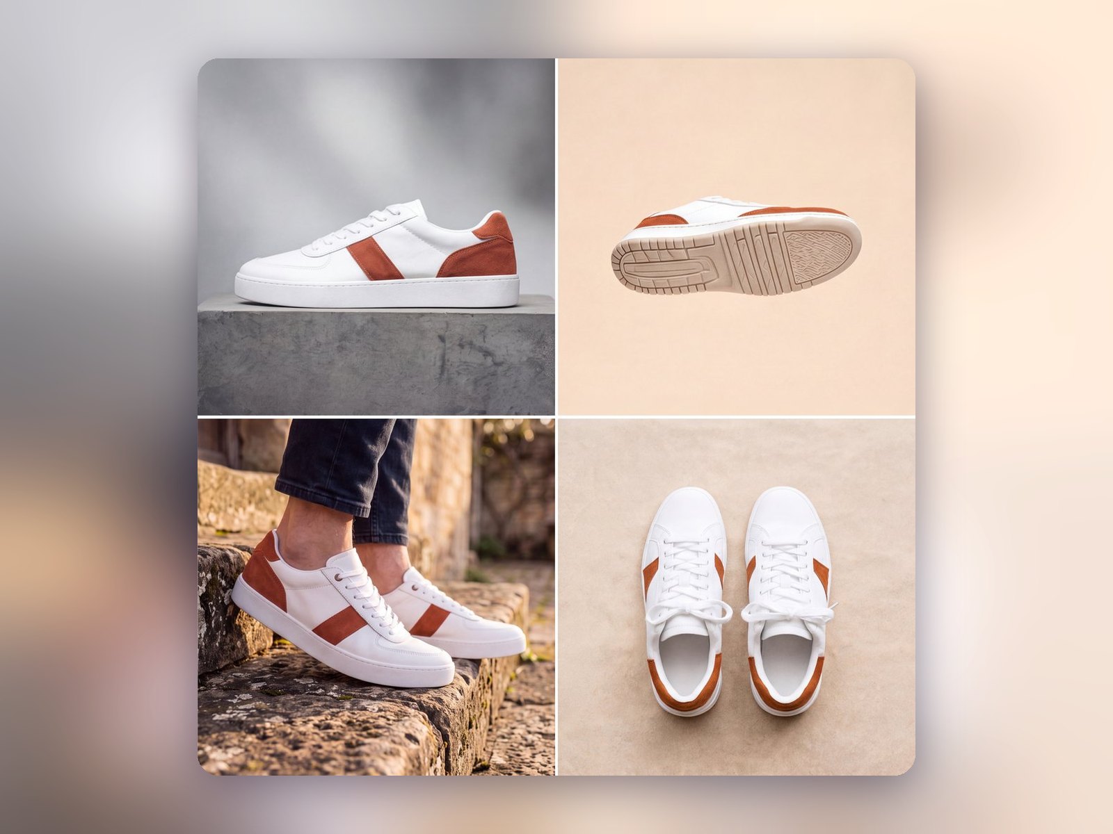 Four views of a white sneaker form a product collage.