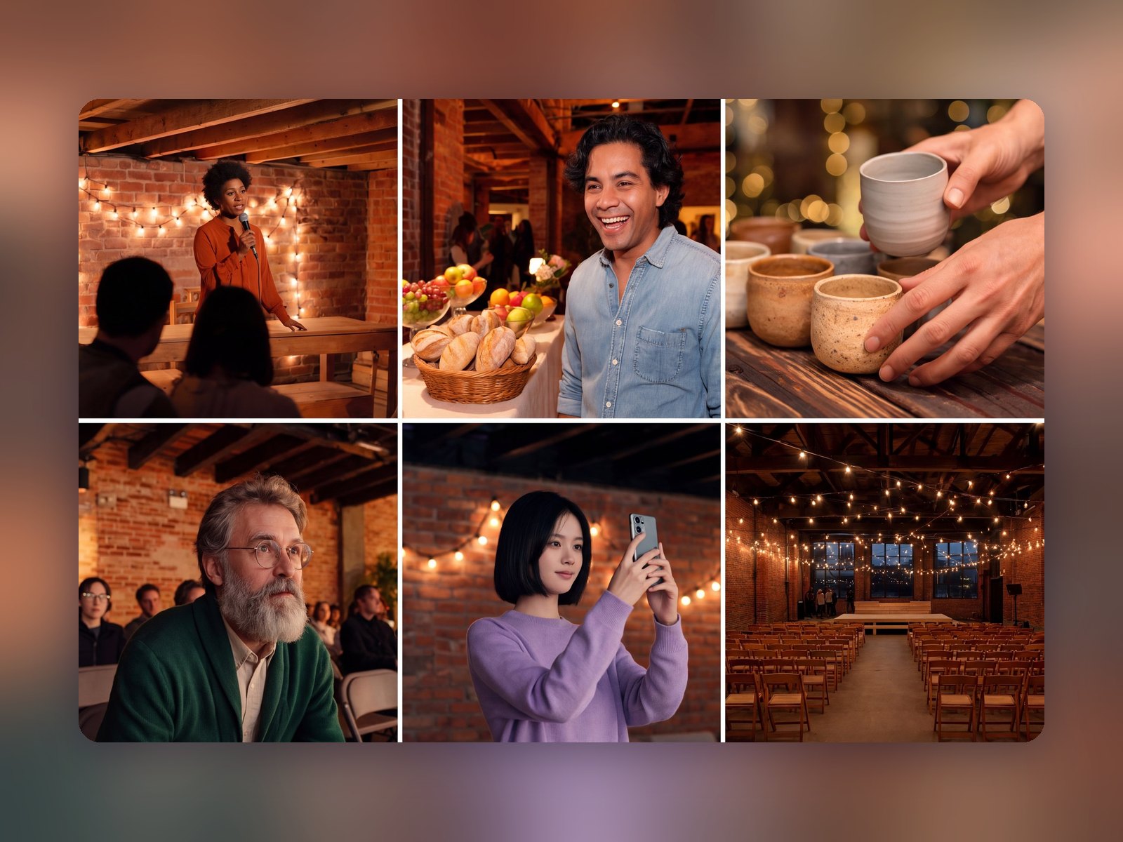 Six event moments form an even two-by-three photo grid.